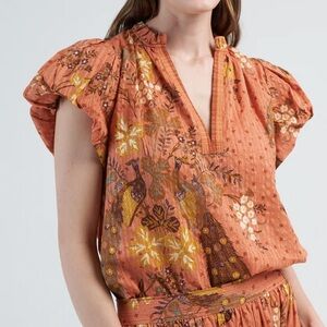 ULLA JOHNSON Kai Blouse Top Orange Cardinal Print V-neck Puff Sleeve floral 14